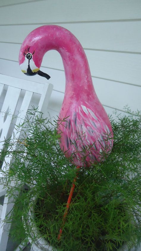 Gourd Plant, Plastic Pink Flamingos, Gourd Projects, Painting Gourds, Painted Flamingo, Gourds Diy, Gourd Painting, Gorgeous Gourds, Gourd Ideas