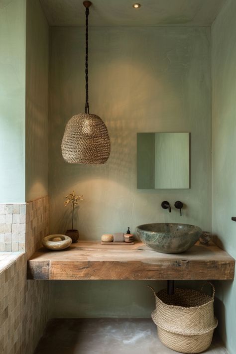 Ideas for styling an organic modern bathroom. Waxed Concrete Bathroom, Organic Half Bath, Modern Organic Half Bathroom, Icelandic Bathroom, Organic Powder Room, Green And Terracotta Bathroom, Wabi Sabi Toilet, Concrete Floor Bathroom, Concrete Bathroom Floor