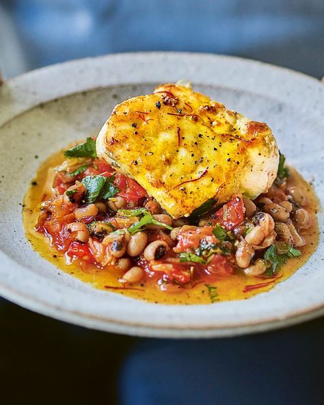 José Pizarro's seared saffron monkfish with black-eyed beans - delicious. magazine Monkfish Recipes, Delicious Magazine Recipes, Dinner Party Mains, Celebrity Chef Recipes, Olive Magazine, Yummy Seafood, Seasonal Cooking, Shellfish Recipes, Bodybuilding Diet