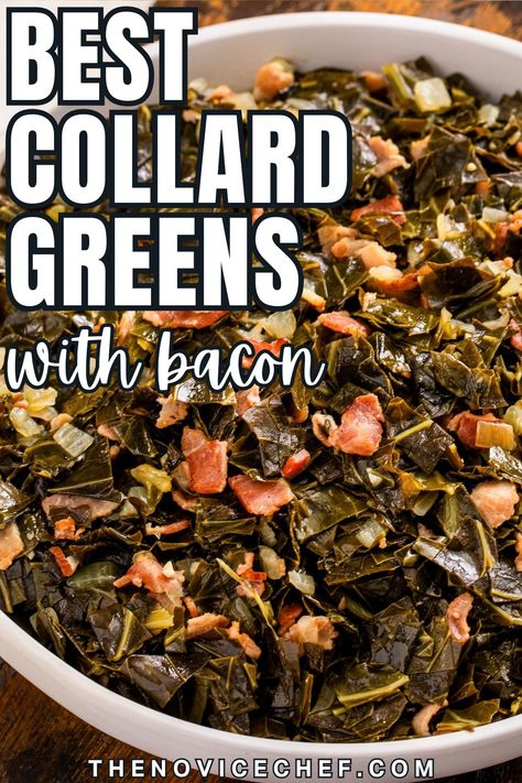 These southern Collard Greens are the ultimate comfort food side dish made in one-pot! The combination of tender collard greens, crispy bacon, and a hint of beer adds a delicious depth of flavor to this collard greens recipe. Crockpot Collard Greens, Easy Collard Greens Recipe, Greens With Bacon, Collard Greens With Bacon, Vegan Collard Greens, Greens Recipe Soul Food, Southern Collard Greens, Collard Greens Recipe, Side Dishes For Chicken