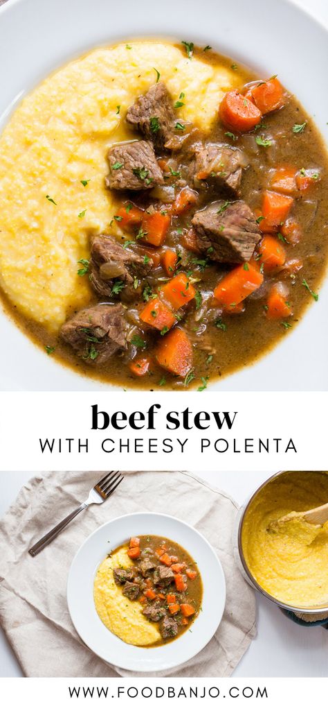 Beef Stew with Cheesy Polenta. So delicious and the perfect comfort food dish. The parmesan polenta is so cheesy and creamy, and the beef stew with carrots is so tasty. #comfortfood #beefstew #dinnerideas Creamy Beef Stew, Carrot Stew, Beef Stew Stove Top, Oven Beef Stew, Cheesy Polenta, Italian Beef Stew, Parmesan Polenta, Polenta Recipes, Beef Stew Meat