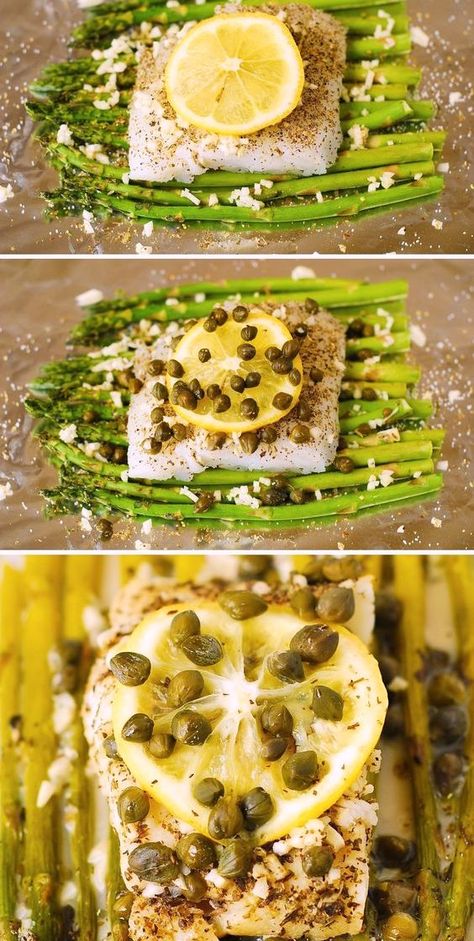 Baked Cod with Asparagus and Garlic Lemon Caper Sauce.  Use pacific cod or black cod.  Each cod fillet (together with asparagus and caper sauce) is baked in an individual foil pocket. One individual foil pocket with cod and asparagus equals one serving. #cod #fish #codrecipe  #bakedcod #asparagus #garlic #lemon #capers Asparagus And Fish Recipes, Pacific White Fish Recipes, Baked Cod And Asparagus, Cod Asparagus Recipe, Cod With Asparagus, Cod And Asparagus Recipes, Cod With Capers, Cod And Asparagus, Cod Potatoes