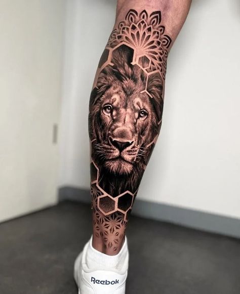 Lion Tattoo Ideas, Lion Forearm Tattoos, Geometric Lion Tattoo, Tiger Tattoo Sleeve, Best Leg Tattoos, Lion Tattoo Sleeves, Full Leg Tattoos, Lion Tattoos, Lion Head Tattoos