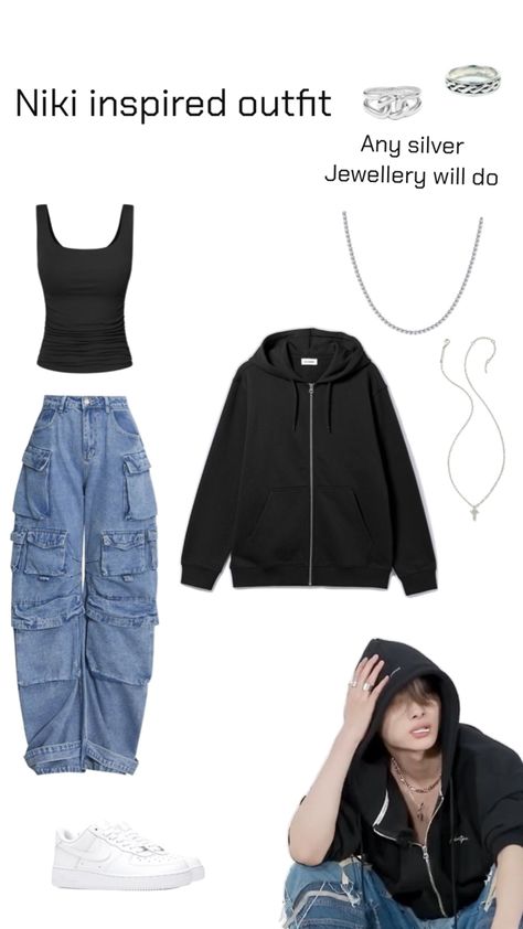 #niki #enhyphen #nikienha #fashion Niki Enyphen Outfit, Niki Outfits Enha, Kpop Fan Outfit Ideas, Niki Inspired Fits, Outfits Inspired By Kpop Idols, Enhypen Niki X Yn, Cute Outfits With Wide Leg Jeans, K Pop Casual Outfits, Niki Enhypen Outfit Casual