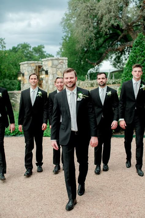 Groomsmen Sage Tie Black Suit, Sage Green Ties Groomsmen Black Suit, Black Suit Sage Tie, Black Suit Sage Green Tie, Black Suit Grey Tie, Groomsmen Attire Black, Black Groomsmen Suits, Groom Suit Black, Austin Garden