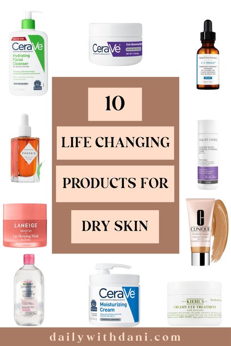 Infographic displaying skincare products for dry sensitive skin | skincare products for dry acne prone skin | best skincare products for dry skin Dryskin Skincare Routine, Dry Acne Prone Skin Products, Skin Care Routine For Very Dry Skin, Best Moisturizer For Dry Sensitive Skin, Serum For Dry Sensitive Skin, Face Care For Dry Skin, Best Dry Skin Moisturizer, Best Skincare Routine For Dry Skin, Skin Cycling Routine Dry Skin