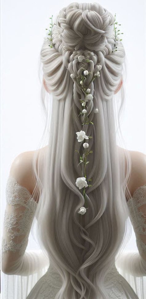 Elven Hairstyles Drawing, Fancy Blonde Hairstyles, Lord Of The Rings Hairstyles Elves, Royale Hairstyle, Elvish Hairstyles Lord Of The Rings, Fairy Tail Hairstyles, Fantasy Wedding Hairstyles, Princesscore Hairstyles, Long White Hairstyles