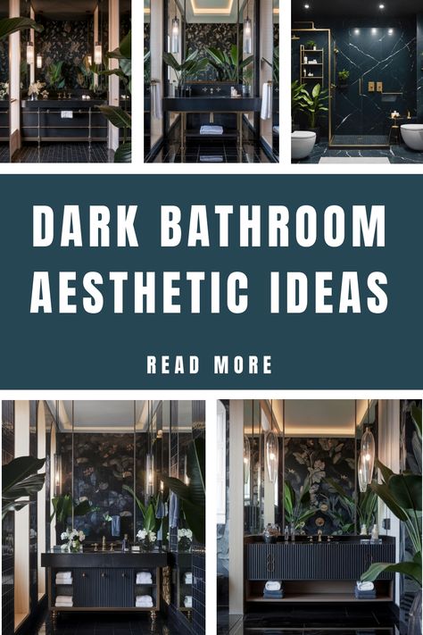 Dark bathroom with luxurious fixtures, moody lighting, and lush greenery. Bathrooms With Dark Walls, All Black Small Bathroom, Moody Transitional Bathroom, Celestial Powder Room, Dramatic Bathroom Colors, Jewel Tones Bathroom, Bathroom Moody Decor, Moody Blue Bathroom Ideas, Vintage Dark Bathroom