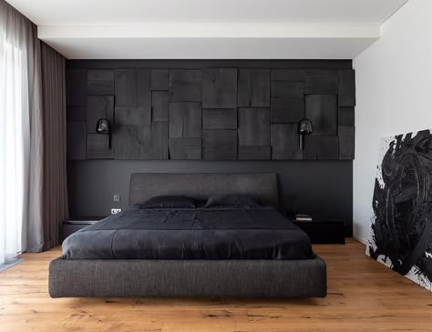 Black Brick Wall Bedroom, Slate Bedroom, Black Accent Wall Bedroom, Modern Black Bedroom, Backdrop Bedroom, Black Accent Wall, Closet In Bedroom Ideas, Creative Texture, Open Closet In Bedroom