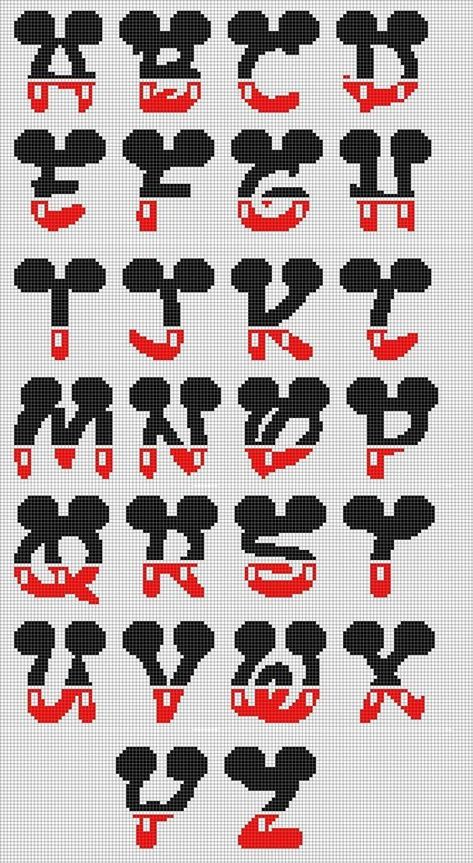 Fonts Cross Stitch, Mickey Font, Cross Stitch Alphabets, Alphabet Cross Stitch, Pola Macrame, Stitch Cards, Cross Stitch Alphabet Patterns, Disney Cross Stitch Patterns, Cross Stitch Fonts