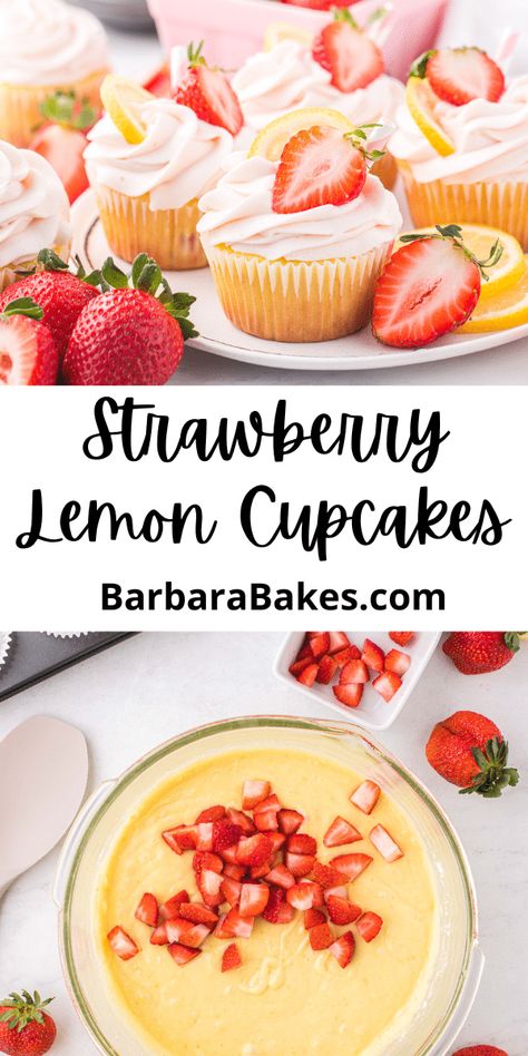 Lemon Strawberry Cupcakes From Box Cake, Lemon And Strawberry Cupcakes, Lemon Strawberry Cupcakes, Strawberry And Lemon Desserts, Splash Cupcakes, Summer Themed Desserts, Money Cupcakes, Strawberries And Cream Cupcakes, Strawberry Cream Cheese Icing