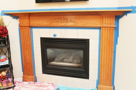 How to Easily Update an Oak Mantel | Thriving Home Update Mantle, Mantle Remodel, Update Brick Fireplace, Fireplace Mantel Makeover, Painted Fireplace Mantels, Fireplace And Mantle, Mantel Makeover, Painted Mantle, Portable Electric Fireplace