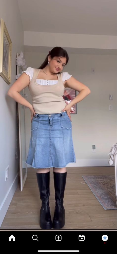 Knee Jean Skirt Outfits, Knee Length Denim Skirt Outfit, Knee Length Jean Skirt, Knee Length Jean Skirts, Funky Pants, Denim Skirts Knee Length, Jean Skirt Outfits, Denim Skirt Outfits, Style 2023