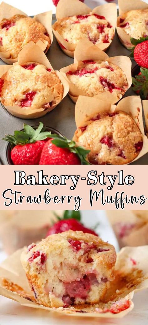 These bakery-style strawberry muffins are moist, sweet, and bursting with fresh strawberry flavor. Perfect for strawberry season or whenever you are craving a sweet snack, these homemade strawberry muffins are perfect with a hot cup of tea, as an easy breakfast, or as a quick snack for your kids! Bake Goods Recipes Homemade, Strawberry Banana Muffins Easy, Healthy Raspberry Muffin Recipes, Recipes For Beginner Bakers, Strawberry Recipes Muffins, Strawberry Raspberry Muffins, Deserts Recipes Strawberries, Strawberry Treats For Kids, Strawberry Cheesecake Muffins Recipes