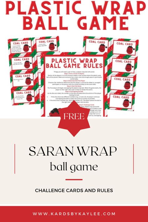 It's Christmas time and this is the most fun game to play at any party or get togther. Learn how to make your saran wrap ball filled with prizes and get FREE Coal Challenge Cards for an extra fun twist on this fun holiday party activity. Saran Wrap Ball Game Rules, Sarah Wrap Ball Game Gift Ideas, Saran Ball Game, Christmas Saran Wrap Ball Game, Syrian Wrap Ball Game, Christmas Wrap Ball Game, Saran Wrap Ball Game Prizes Ideas, Christmas Party Games Saran Wrap Ball, Ceran Wrap Ball Game Ideas