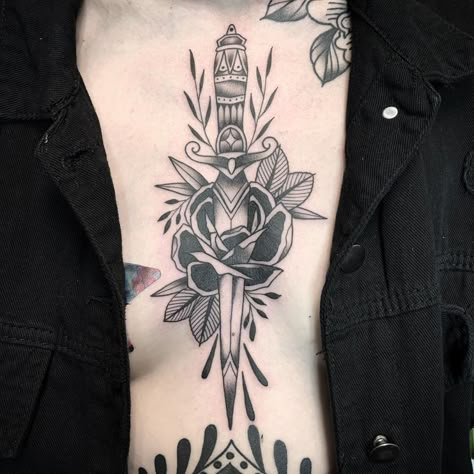 Dagger Tattoo Chest Woman, Dagger Through Skin Tattoo, Chest Dagger Tattoo, Sternum Tattoo Dagger, Dagger Sternum Tattoo Women, Dagger Tattoo Sternum, Dager Tattoos For Women, Neo Traditional Dagger Tattoo, Thigh Dagger Tattoo