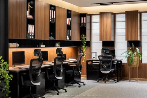 Luxurious Design At Meghana Foods Corporate Office | Atelier 108 & Studio Skapa Architects Luxury Office Cabin Design, U Shaped Bar, Office Interior Ideas, Office Cabin Design, Cladding Texture, Office Cabin, Collaborative Workspace, Plush Chair, Luxury Office