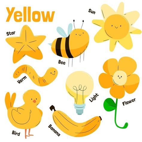 Pack of yellow objects and vocabulary wo... | Premium Vector #Freepik #vector #school #education #color #yellow Things That Are Yellow Preschool, Yellow Objects For Kids, Yellow Colour Objects, Yellow Objects, Back To School Wallpaper, International Literacy Day, Online Course Design, Literacy Day, Dot Worksheets