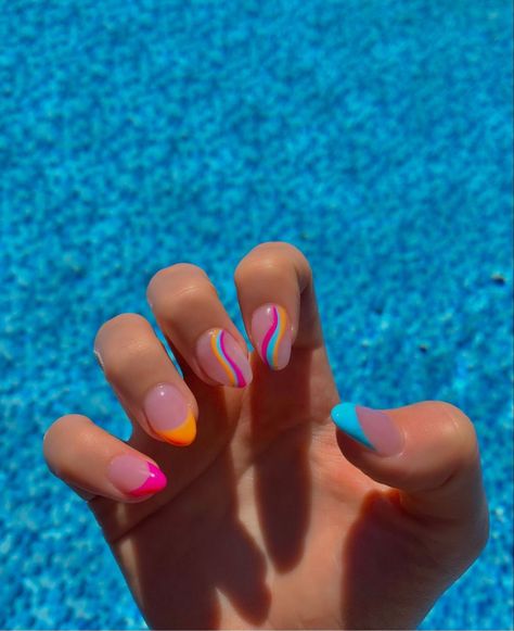 Preppy Almond Nails Designs, French Tip Summer Nails Almond, Pink And Organs Nails, Colorful French Tip Nails Summer, Vibrant Summer Nails French Tip, Designed Nails Art, Preppy Nail Designs Summer, Cute Nails Summer Almond, Cute Pink And Yellow Nails