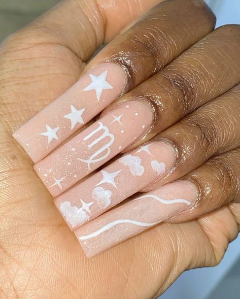 Birthday Nails Zodiac, Birthday Nails Virgo, Astrology Nails, Zodiac Nail Designs, 21st Birthday Nails, Birthday Nail Designs, Moon Nails, Classy Acrylic Nails, Long Acrylic Nails Coffin