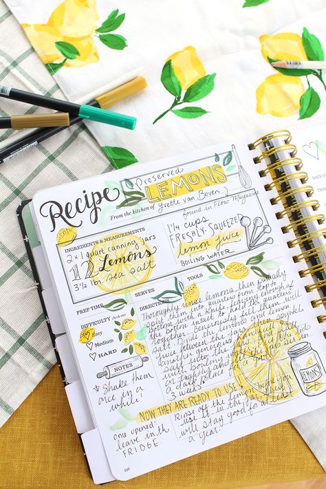 A Keepsake Kitchen Diary recipe spread by Valerie McKeehan - preserved lemons. The Kitchen Diary is a DIY cookbook with room to write memories. Bullet Journal Meal Plan, Scrapbook Recipe Book, Homemade Recipe Books, Recipe Book Design, Diy Cookbook, Recipe Book Diy, Recipe Journal, Recipe Scrapbook, Buch Design