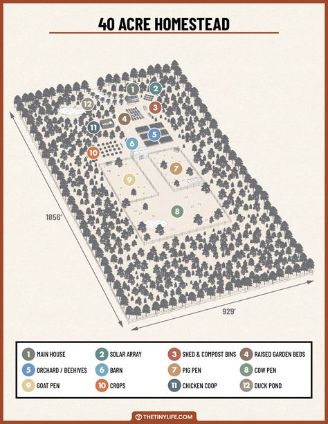 Designing A 40 Acre Homestead Layout - The Tiny Life 1 Acre Permaculture Layout, 100 Acre Farm Layout, House On 1 Acre Of Land, Family Farm Layout, 50 Acre Farm Layout, 50 Acre Homestead Layout, 40 Acre Farm Layout, Large Homestead Layout, 40 Acres Of Land