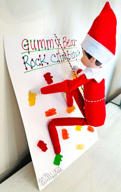 Elf On The Shelf Gummy Worms, Rock Climbing Elf On The Shelf, Elf Gummy Bears, Elf Rock Climbing, Elf On The Shelf Gummy Bears, Elf On The Shelf Climbing, Elf On The Shelf Idea, Easy Elf On The Shelf, Easy Elf