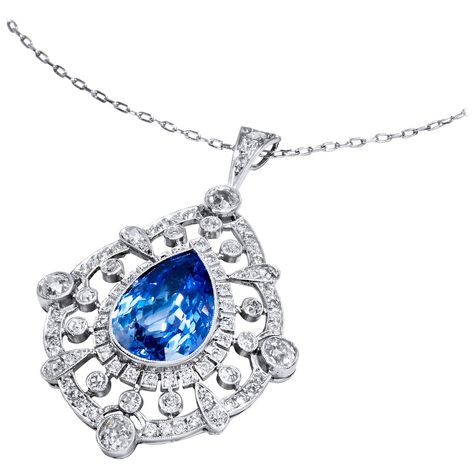 9.83 Carat Sapphire Diamond Platinum Pendant | From a unique collection of vintage drop necklaces at https://www.1stdibs.com/jewelry/necklaces/drop-necklaces/ Blue Shappire, Glass Mural, Blue Diamond Jewelry, Art Deco Pendant Necklace, Platinum Pendant, Stones Rings, 80s Jewelry, Drop Necklaces, Bluish Purple