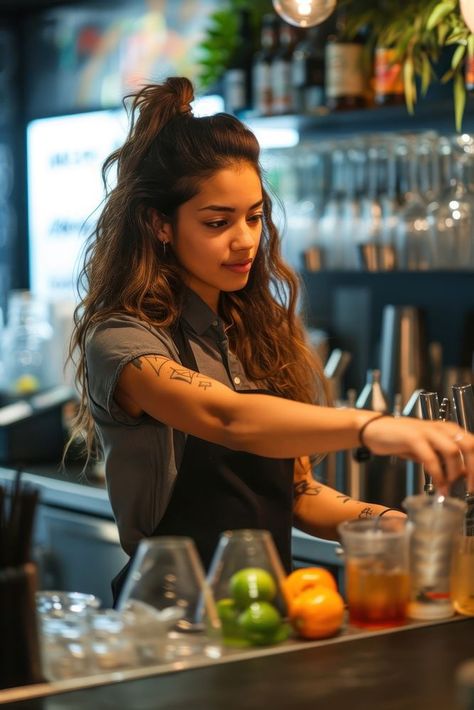 Mixologist Bartender Photography, Female Bartender Aesthetic, Bartender Outfit Classy, Bartender Woman, Bartenders Photography, Mae Aesthetic, Bartender Aesthetic, Female Bartender, Hair Tied Back