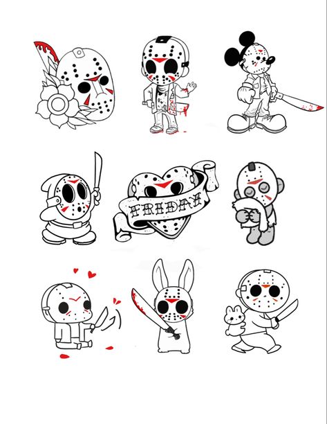 Horror Movie Flash Tattoo Simple, Horror Movie Couple Tattoos, Jason Flash Tattoo, Small Jason Tattoo, Small Jason Voorhees Tattoo, Friday 13th Flash Sheet, Matching Friday The 13th Tattoos, Deadpool Flash Tattoo, Horror Tattoo Stencil Outline