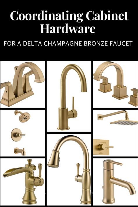 Coordinating Cabinet Hardware for a Delta Champagne Bronze Faucet - The story of my search for the perfect hardware to go with my new Delta Champagne Bronze faucet and my favorite coordinating hardware pieces to help you find your own perfect match! #kitchenremodel #remodel #brass #champagnebronze #kitchenfaucet #kitchenhardware Champagne Bronze Faucet, Champagne Bronze Bathroom, Champagne Bronze Kitchen, Delta Champagne Bronze, Kitchen Faucet Repair, Champagne Bronze Hardware, Bronze Cabinet Hardware, Bronze Fixtures, Bronze Kitchen