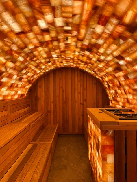 Himalayan salt inhalation sauna at the nordic spa Turkish Sauna, Himalayan Salt Wall Sauna, Sauna Astetic, Home Himalayan Salt Room, Sauna And Cold Plunge Aesthetic, Sauna Bathroom Ideas, Himalayan Salt Room, Salt Cave Spa, Modern Saunas