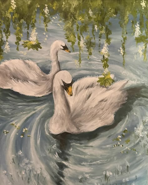 🦢🦢🦢 . . . . #newoilpainting #oilpainting #oilpaint #swan #swanlake #swanpainting #landscapeart #art #artist #newartist #paintings #painting Swan In Lake Painting, Two Swans Painting, Old Style Paintings, Swan Art Painting, Two Swans Drawing, Aesthetic Paintings Simple, Swan Painting Aesthetic, Old Art Painting Famous, Oil Color Painting Ideas