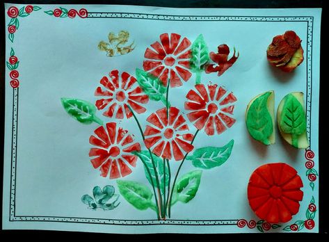 Vegetable stamping art for kids for visual learning Vegetable Block Print, Vegetable Stamping Art, Vegetable Printing Art For Kids, Potato Stamp Art, Vegetable Stamping, Vegetable Printing, Vegetables Painting, Potato Printing, Create Journal