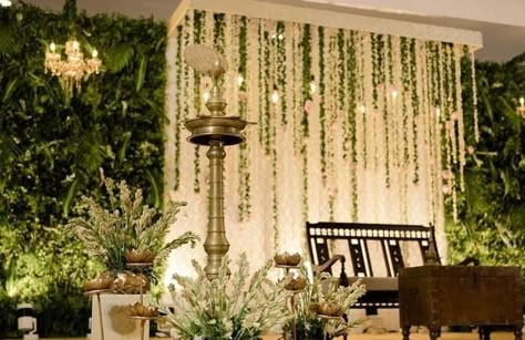 Kerala Engagement Decorations, Simple Kerala Wedding Decorations, Christian Stage Decoration, Stage Decor Indian Wedding, Simple Engagement Stage Decor, Indian Wedding Decorations Stage, Traditional Wedding Stage Decoration, Engagement Flower Decoration, Sangeet Dress Ideas