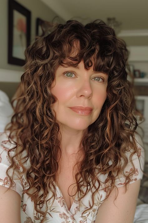 Woman with curly brown hair and bangs, wearing a white and pink floral top, looking at the camera. Curly Bangs Square Face, 60s Curly Hair, Curly Bangs Long Hair, Curly Fringe Hairstyles, Hairdos With Bangs, Bun Hairstyles With Bangs, Curl Bangs, Wavy Curly Bob, Curly Hair With Bangs Hairstyles