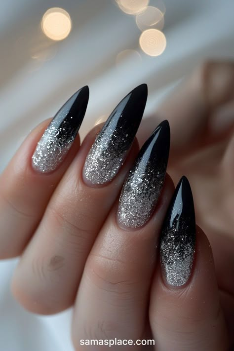 Mat Glitter Nails, Almond Nails Black And Silver, Stiletto Nails Cat Eye, Black Witchy Nails Ideas, Black And Silver Sparkle Nails, Disco Inspired Nails, Goth Gel Nails Short, Black And Clear Nail Designs, Black Glitter Nails Acrylic