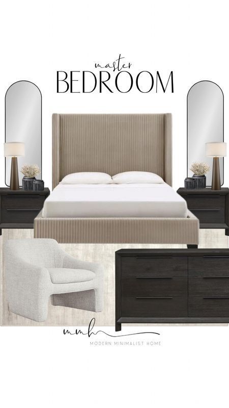 Modern Neutral Bedroom Design, Dark Night Stands Master Bedrooms, Over The Nightstand Wall Decor, Organic Modern Bedroom Dark Furniture, Luxury Hotel Home Decor, Master Bedrooms Furnished, Malm Furniture Bedroom, Amazon Furniture Finds Bedroom, Light And Moody Bedroom