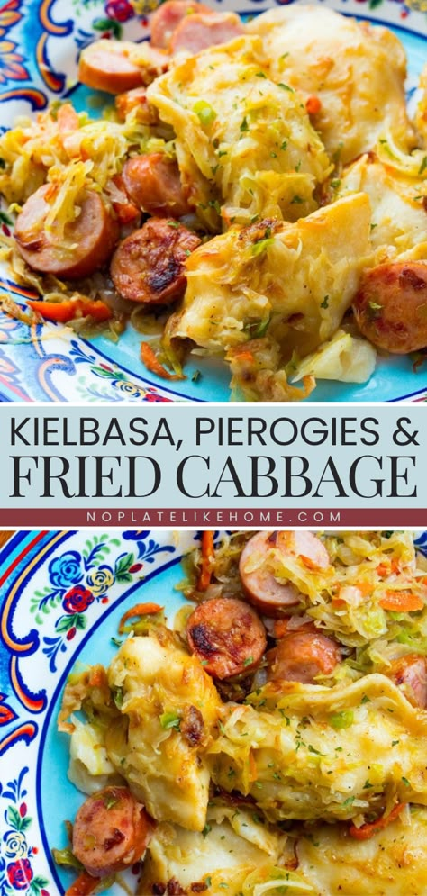 Weeknights call for this smoked kielbasa recipe! These pierogies with kielbasa and cabbage will become your family favorite dinner. In just 30 minutes, you can have a one-pot dinner of kielbasa, pierogies, and fried cabbage! Pierogi And Sausage, Kielbasa Pierogies, Kielbasa And Pierogies, Pierogies And Kielbasa, Cabbage And Smoked Sausage, Fried Cabbage Recipe, Smoked Kielbasa, Pierogi Recipes, Kielbasa And Cabbage