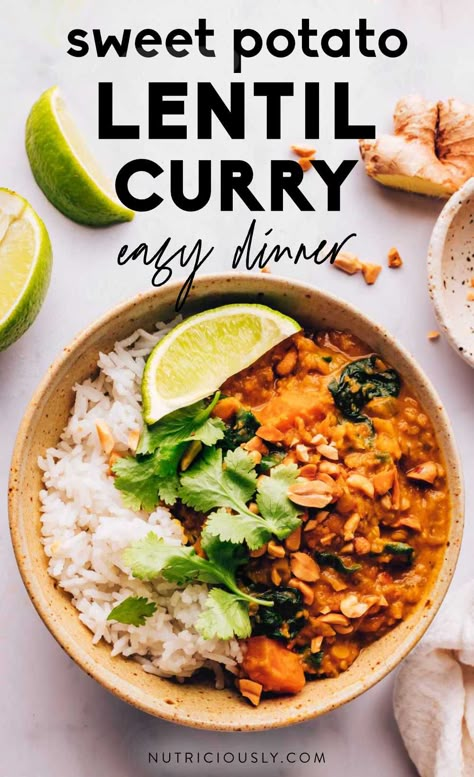 Satay Sweet Potato Lentil Curry 2 Sweet Potato Tofu Curry, Lentil Sweet Potato Curry, Lentil Sweet Potato, Sweet Potato Lentil Curry, Vegan Entree Recipes, Vegan Curry Recipes, Vegan Protein Recipes, Best Healthy Dinner Recipes, Inflammation Recipes