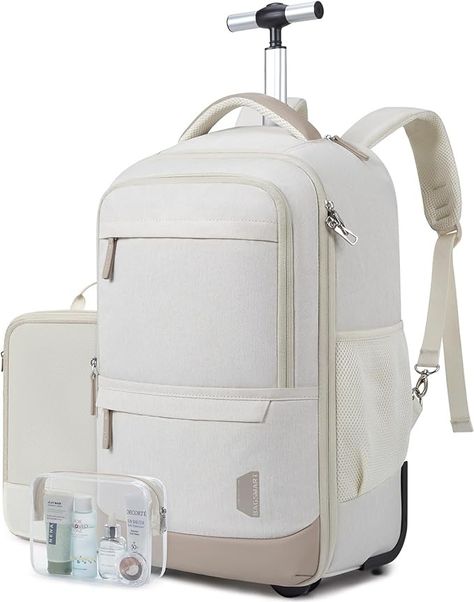 Amazon.com: BAGSMART Rolling Backpack, Water-Resistant Travel Laptop Backpacks with Wheels for Adults, 17 Inch Large Roller Business Backpack Carry on Travel bag with Packing Cube and Toiletry Bag, Beige : Electronics Doc Outfits, School Bags With Wheels, Backpack Suitcase, Rolling Laptop Bag, Roller Backpacks, Backpacking Europe Packing List, Bedroom Board, Packing Bags Travel, Suitcase Backpack