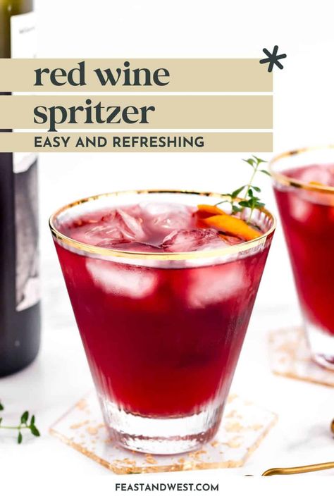 Finally, a red wine cocktail that is not sangria! This easy Red Wine Spritzer is an effervescent and elegant sip fit for every evening. Cabernet Sauvignon Cocktails, Easy Red Wine Sangria, Cocktails With Red Wine, Red Wine Mixed Drinks, Sweet Red Wine Cocktails, Red Wine Drink Recipes, Easy Wine Cocktails, Wine Spritzer Cocktails, Spritzer Cocktails