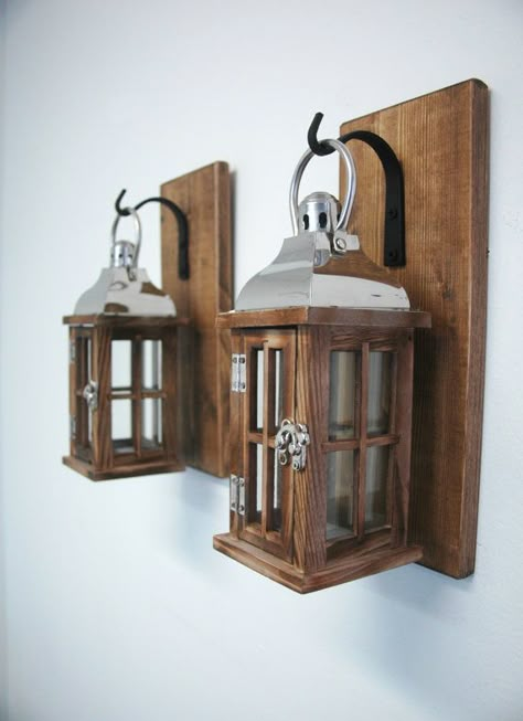 Stained Knotty Pine, Wooden Lanterns Diy, Wrought Iron Hooks, Tiny House Furniture, Wrought Iron Decor, Wood Lantern, Pine Boards, Wooden Lanterns, Knotty Pine