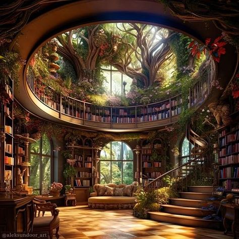 Fantasy Art House Interior, Fantasy Homes Art, Interior Design Fantasy Art, Fairy House Design, Library Room Inspiration, Fantasy House Decor, Fantasy Room Design, Cute Library Aesthetic, Garden Of Time