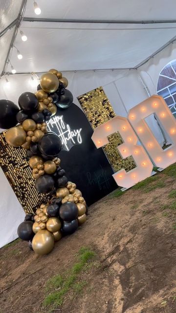 DFW Balloons 🎈 on Instagram: "30th Birthday Setup! 🖤 -(2) 2x7 Gold Shimmer Walls -7ft Arch Wood backdrop -10ft Balloon Garland -Marquee #30 -Happy Birthday Neon Sign DM for any Inquiries!✨ #embellishsetups #30thbirthday #30thbirthdayparty #30thbirthdayideas #shimmerwalls #dfwshimmerwalls #dfwmarqueerentals #dfwneonsignrentals #dfwballoondecor #balloonsdallas #eventideas #partydecorations #balloondecor #arlingtontx #dallastx #DFW #Arlington #arlingtontexas #grandprairie #irving #irvingtx #ma 35th Birthday Backdrop Ideas, Happy Birthday Neon Sign Backdrop, Marissa Ramirez, 30th Birthday Balloon Arch, Arch Wood Backdrop, 30th Birthday Backdrop Ideas, Arch Backdrop With Balloons, 40th Photoshoot, 30th Birthday Backdrop