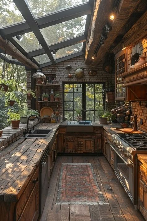 Cabin Home Interior Design, Cabin With Sunroom, Timber Frame Cabin Interior, Tiny House In Mountains, Modernized Log Cabin, Cabin Aesthetic Kitchen, Cottagecore Cabin Interior, Inside Small Cabin Ideas, Log Cabin Barndominium