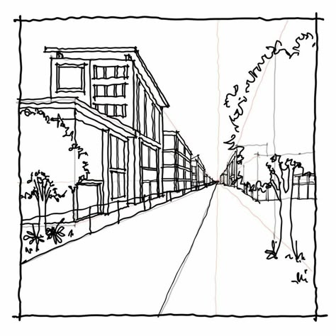 Drawing Depth, One Perspective Drawing, Room Perspective Drawing, 1 Point Perspective Drawing, Perspective City, Drawing Buildings, Sketch Perspective, Architecture Perspective, 1 Point Perspective