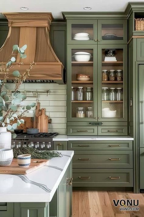 White Oak Kitchen Cabinets With Green Island, Warm Green Kitchen, Green And Natural Wood Kitchen, Green And Beige Kitchen, Wood And Green Kitchen, Deep Green Kitchen, Green Wood Kitchen, Green Kitchen Decor Ideas, Green And Wood Kitchen