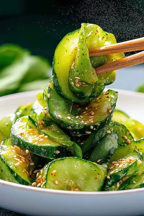 Asian Style Cucumbers, Korean Cucumbers Recipe, Cucumber Recipes Asian, Crispy Rice Cucumber Salad, Asian Cucumber Salad Recipe Rice Vinegar, Asian Pickled Cucumbers, Korean Cucumbers, Korean Pickled Cucumber, Korean Cucumber Side Dish