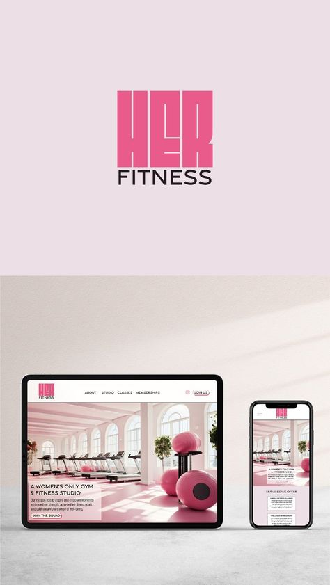 Bold and modern logo and website design for a women's only gym: HerFitness. Pink logo design, feminine design, feminine branding, brand designer, female entrepreneurs, strong logo design, web design, web designer, beautiful web design, web design inspo, web design trends, pink gym, fitness branding, gym branding, website mockup, graphic design, logo inspo, bold logos, bold websites, unique logo design, custom logo, custom squarespace website, pink colour palette, pink and white color palette Gym Barbie, Strong Logo Design, Colour Palette Pink, Gym Branding, Pink Logo Design, Mockup Graphic Design, Pink Colour Palette, Pink Fitness, Strong Logo